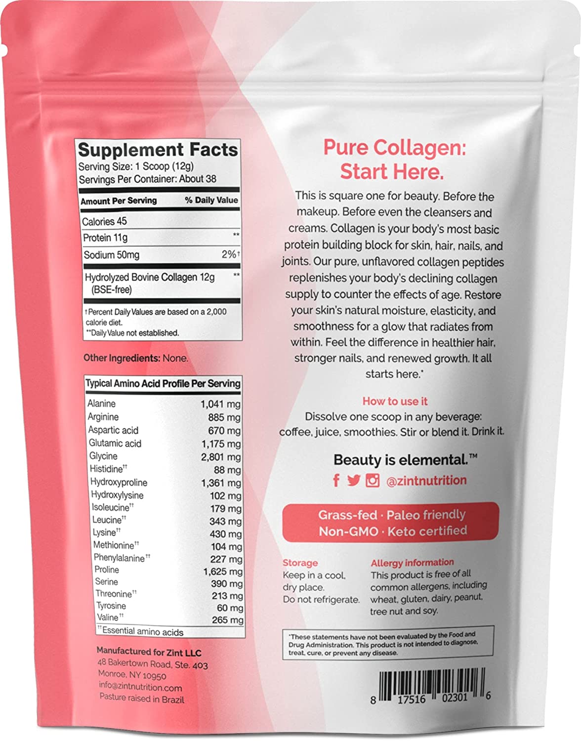 Zint Collagen Peptides Powder: Paleo & Keto Certified 16oz