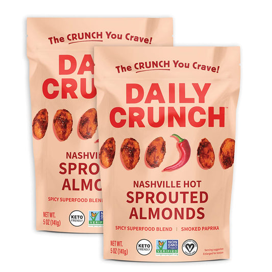 Daily Crunch Sprouted Almonds, 5 Ounce Resealable Bags (Nashville Hot, 2 Pack)